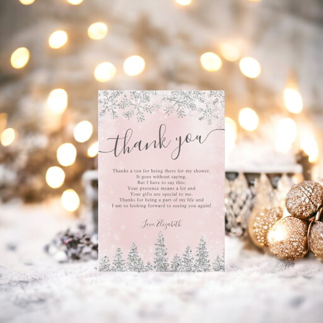 Silver rosafärgad snö tall vinter bröllopsdusch tack kort (Silver blush pink snow pine winter bridal shower thank you card)