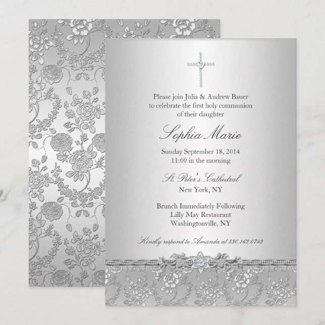 Silver Rose Cross Dop/Dopinvitation Inbjudningar (Fram/baksida)
