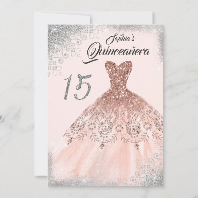 Silver Rose Gold Broderi Diamond Klänning Quincean Inbjudningar (Framsida)