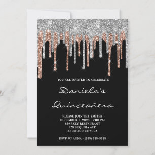 Silver Rose Gold Glitter Drips Svart Quinceañera Inbjudningar