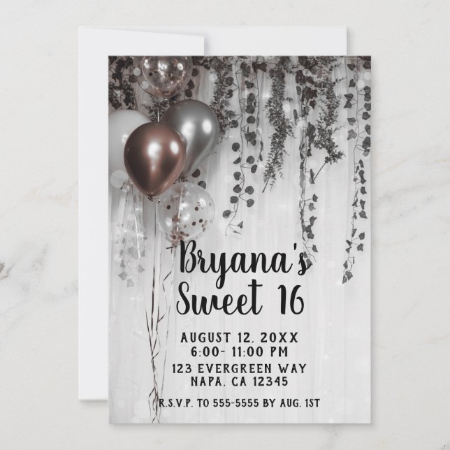 Silver & Rose Gold Rosa Ballonger Ivy Sweet 16 Inbjudningar (Framsida)