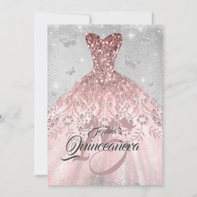 Silver Rose Guld Fjäril Klänning Quinceanera Inbjudningar (Baksida)