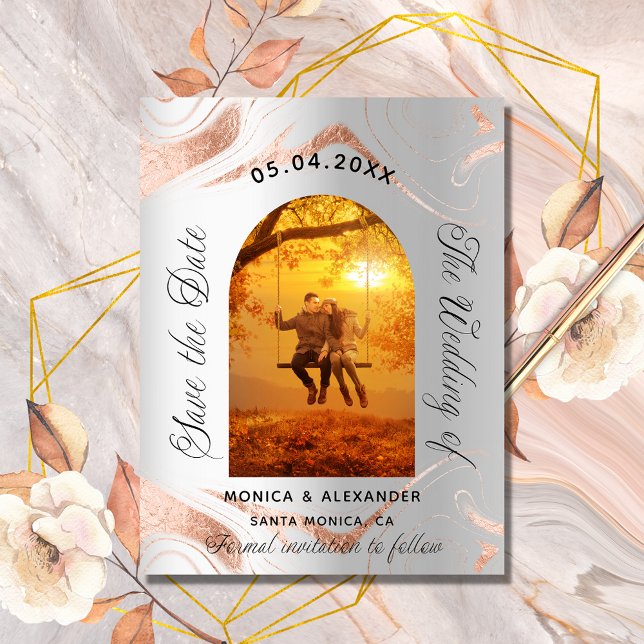 Silver roséguld foto bröllop spara datum meddelande vykort (Skapare uppladdad)