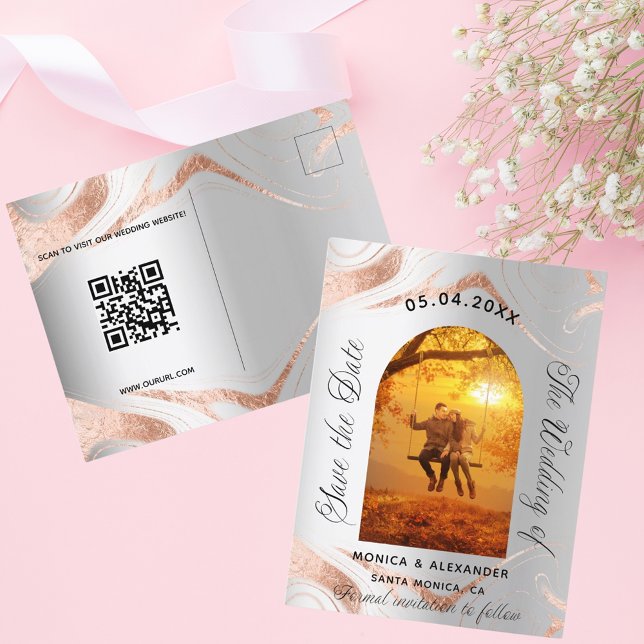 Silver roséguld foto QR bröllop spara datum Meddelande Vykort (Skapare uppladdad)