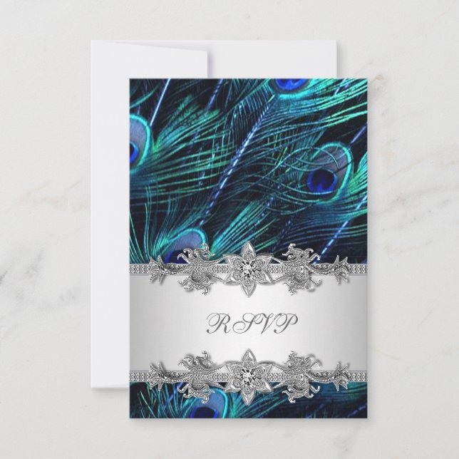 Silver Royal Blå Påfågel Bröllop RSVP OSA Kort (Framsida)