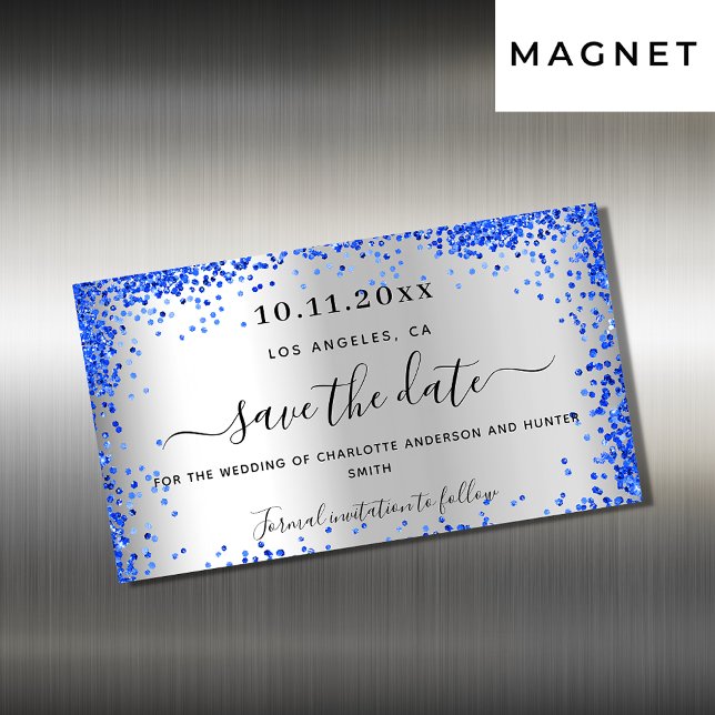 Silver, royal blått bröllop spara datum-magnet (Skapare uppladdad)