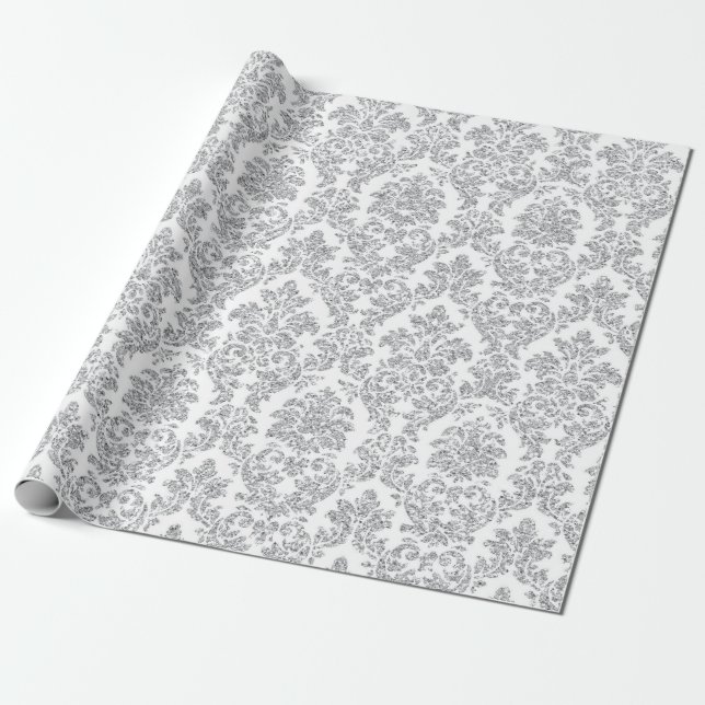 Silver Royal Blommigt Damask White Grått Vip Presentpapper (Utrullad)