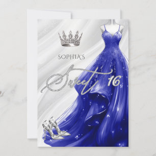 Silver Royal Blue Glitter Gnistra Dress Sweet 16 Inbjudningar