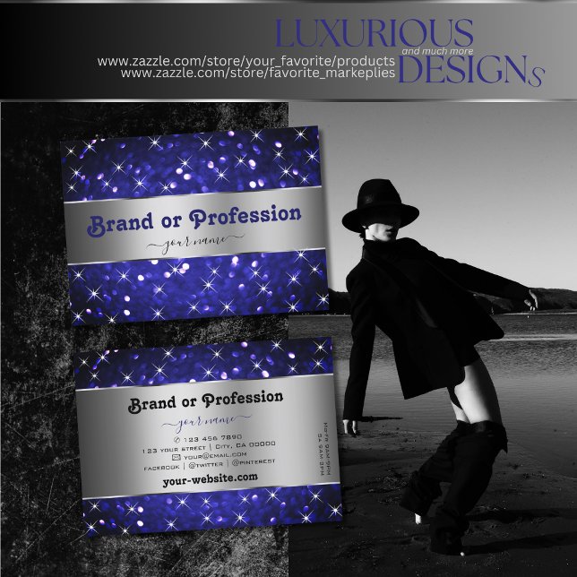 Silver Royal Blue Glitter Gnistra Stars Elegance Visitkort (Skapare uppladdad)