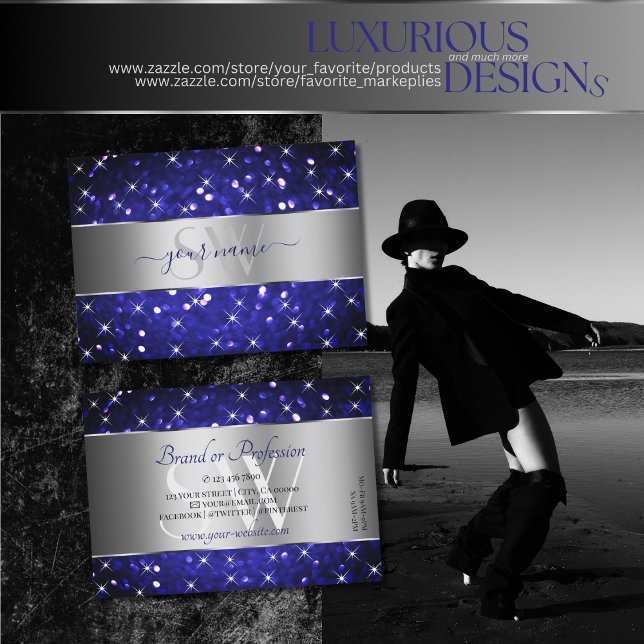 Silver Royal Blue Glitter Gnistra Stars Initialer Visitkort (Skapare uppladdad)