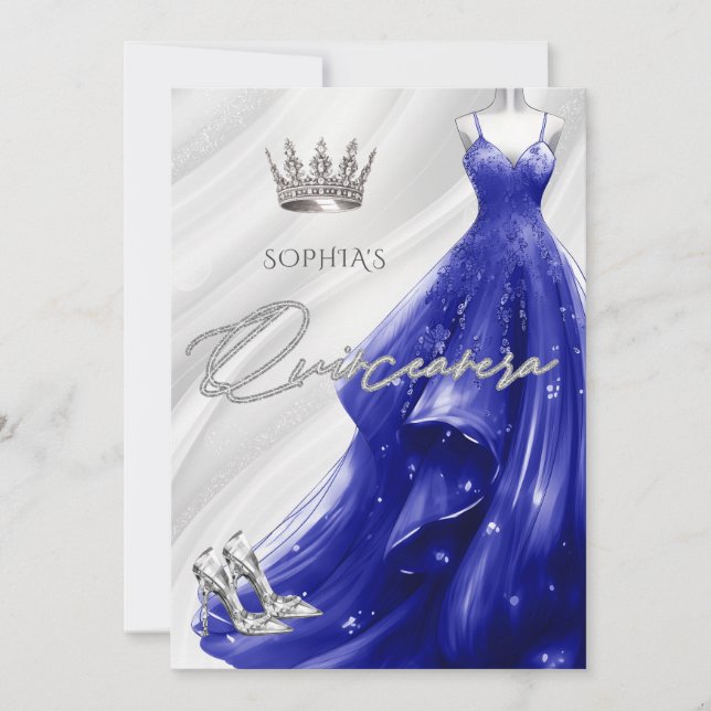 Silver Royal Blue Gnistra Dress Quinceañera Inbjudningar (Framsida)
