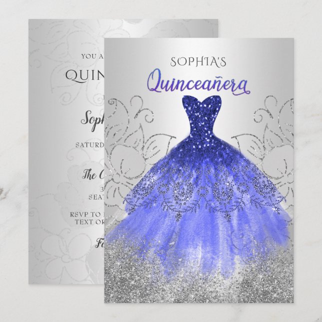 Silver Royal Blue Gnistra Dress Quinceañera Inbjudningar (Fram/baksida)