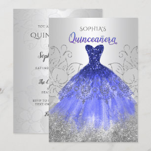 Silver Royal Blue Gnistra Dress Quinceañera Inbjudningar