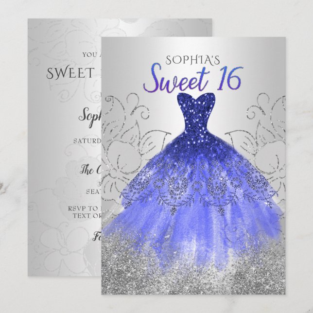 Silver Royal Blue Gnistra Dress Sweet 16 Inbjudningar (Fram/baksida)