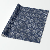 Silver Royal Blue Navy Grått Blommigt Damask Vip