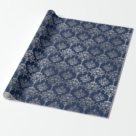 Silver Royal Blue Navy Grått Blommigt Damask Vip Presentpapper