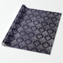 Silver Royal Blue Navy Grått Blommigt Damask Vip