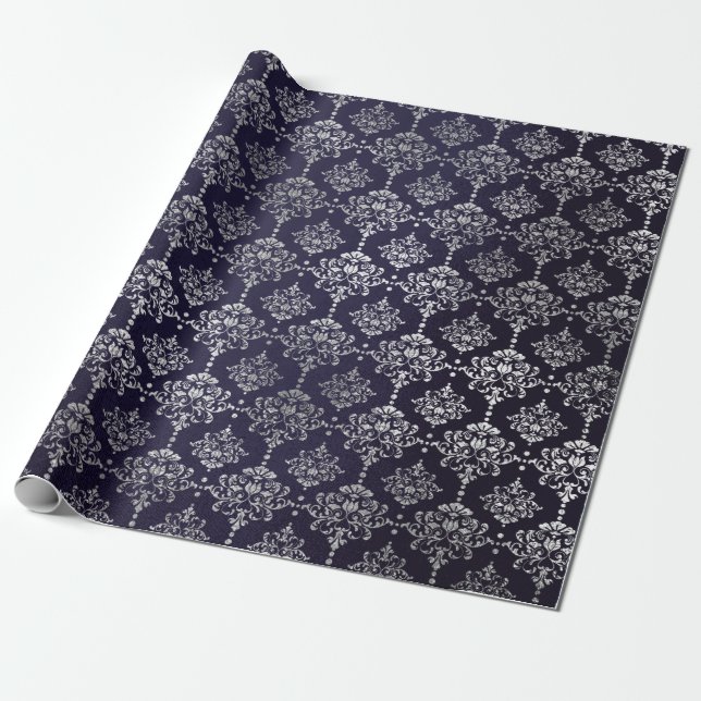 Silver Royal Blue Navy Grått Blommigt Damask Vip Presentpapper (Utrullad)