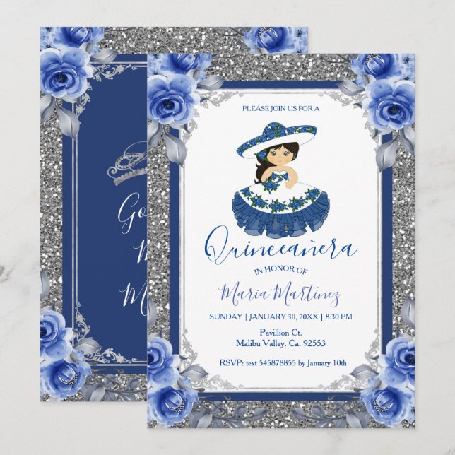 Silver Royal Blue Rosor Quinceanera  Inbjudningar (Fram/baksida)