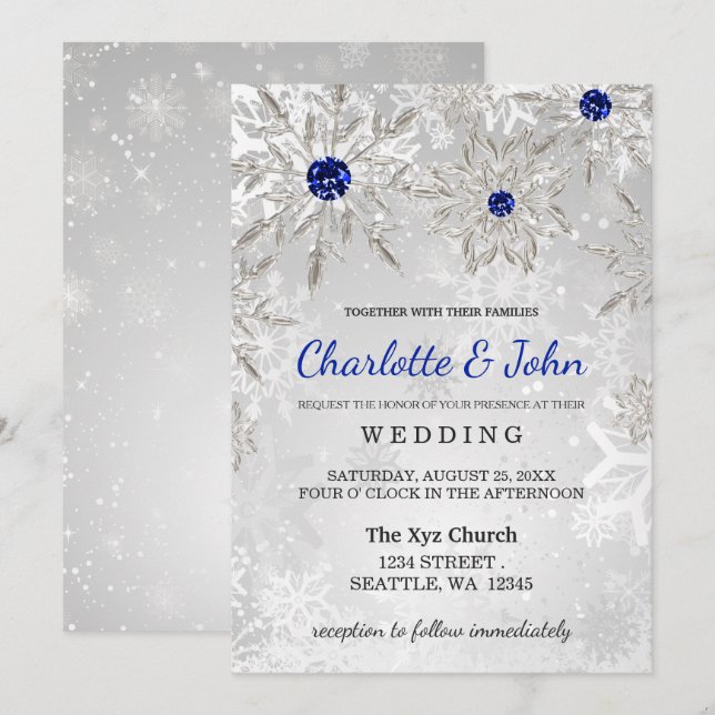 Silver Royal Blue snöflingor Winter Wedding Inbjudningar (Fram/baksida)