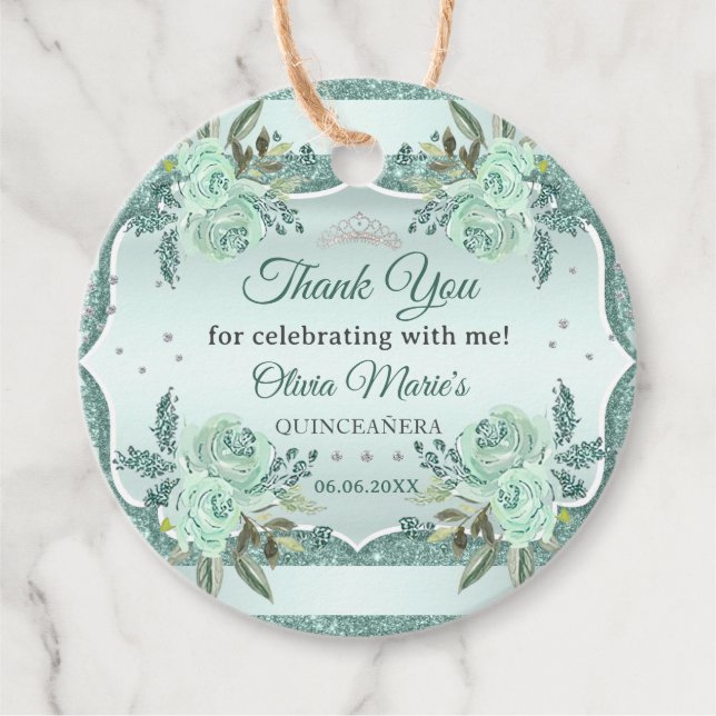 Silver Royal Grönt Quinceanera Birthday Gåvor Etiketter (Framsida)