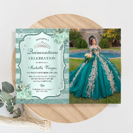 Silver Royal Grönt Quinceanera Birthday Photo Inbjudningar
