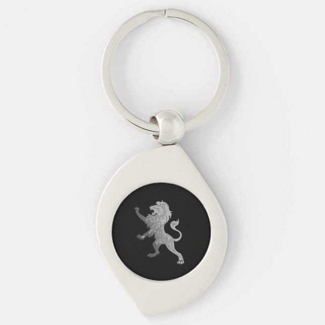 Silver Royal Lion på svart Swirl Silverfärgad Nyckelring (Framsidan)
