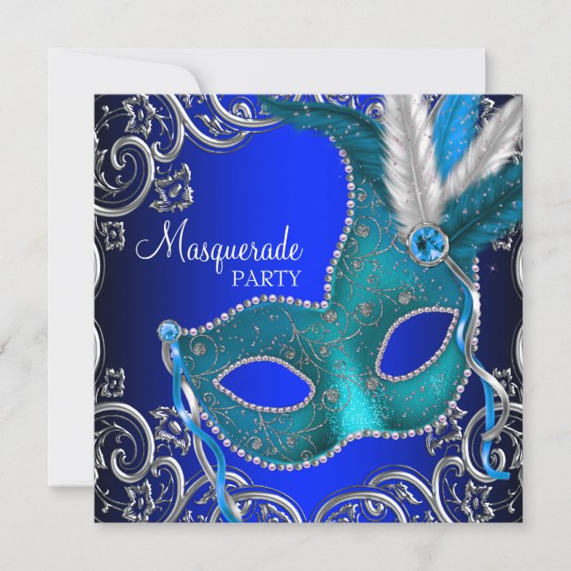 Silver Royal och Teal Blue Maskeradbal Inbjudningar (Framsida)