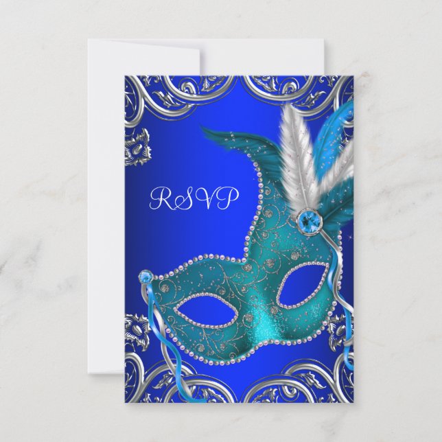 Silver Royal och Teal Blue Maskeradbal RSVP OSA Kort (Framsida)