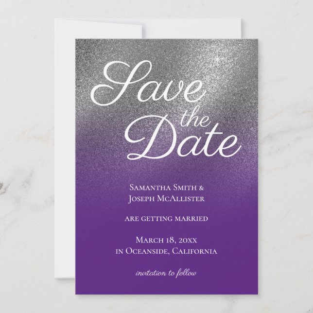 Silver Royal Purple Glitter Ombre Spara Datum Inbjudningar (Framsida)