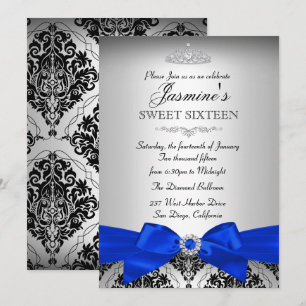 Silver & Royalblå Damask Söt 16 Inbjudan