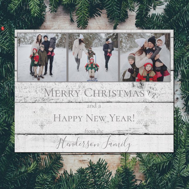 Silver Rustic Snöflingor - platt Helgdag-fotokort Julkort (Silver Rustic Snowflakes Holiday Photo Card)