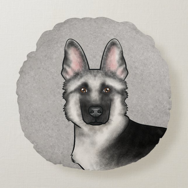 Silver Sable German Shepherd Tecknad hund Head Rund Kudde (Framsidan)