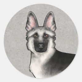 Silver Sable German Shepherd Tecknad hund Head Runt Klistermärke