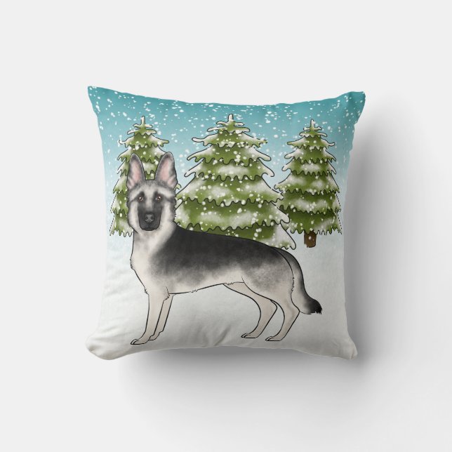 Silver Sable Schäferhund Snöig Vinter Skog Kudde (Framsida)