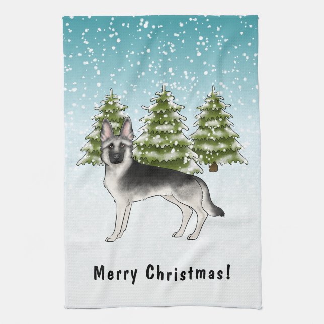 Silver Sable tysk shepherd i vinter med text Kökshandduk (Vertikal)
