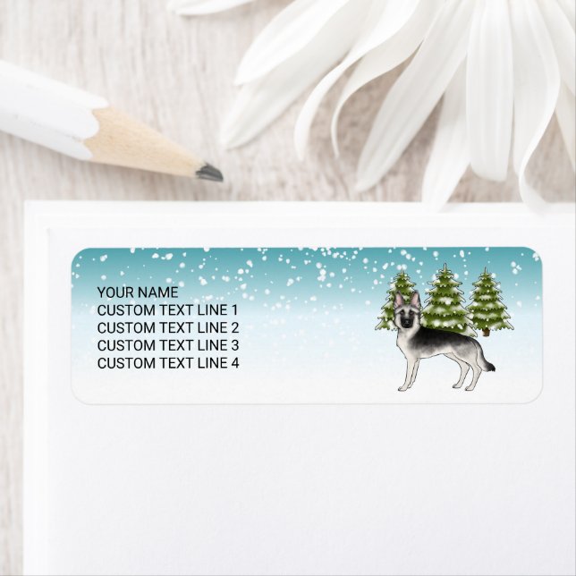 Silver Sable tysk shepherd i vinter med text Returadress Etikett (Insitu)