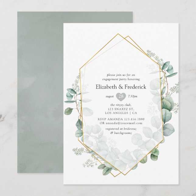 Silver Sage Eucalyptus Geometric Förlovningsfest Inbjudningar (Fram/baksida)