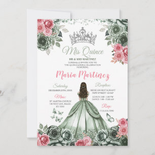 Silver Sage Green och Pink Princess Mis Quince Inbjudningar