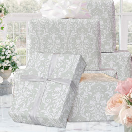 Silver Sage Grönt White Damask Elegant bröllop Presentpapper