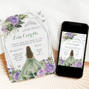 Silver Sage Lila Lilac Princess Quinceañera Inbjudningar