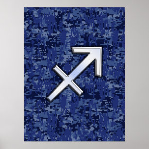 Silver Sagittarius Zodiac Sign Navy Digital Camo Poster