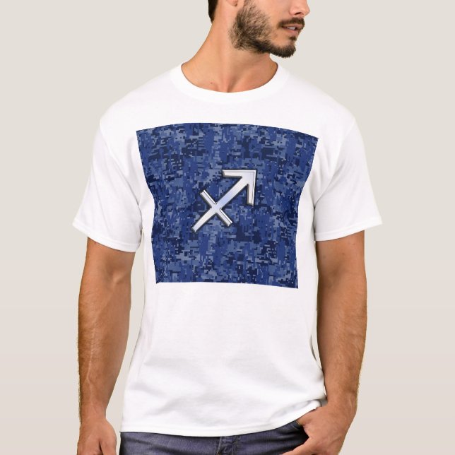 Silver Sagittarius Zodiac Sign Navy Digital Camo T Shirt (Framsida)