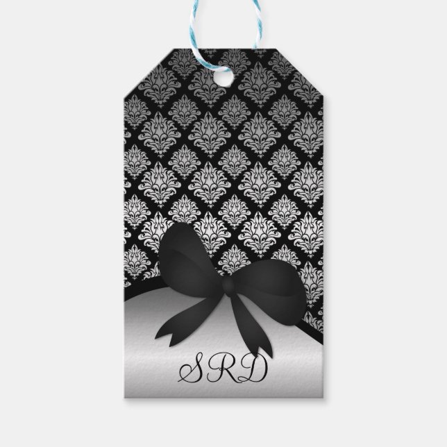 Silver Satin Damask svart vridning Ribbon märkre Presentetikett (Framsidan)