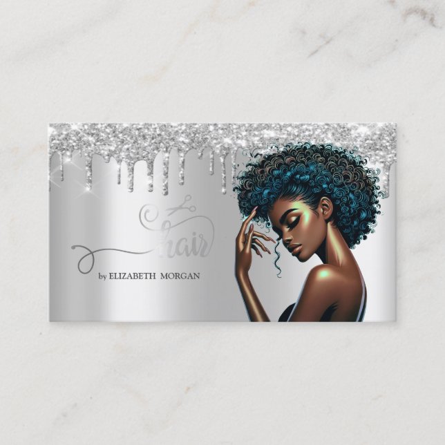 Silver Sax Afro Amerikanska Kvinnor Glitter Dripp  Visitkort (Framsida)