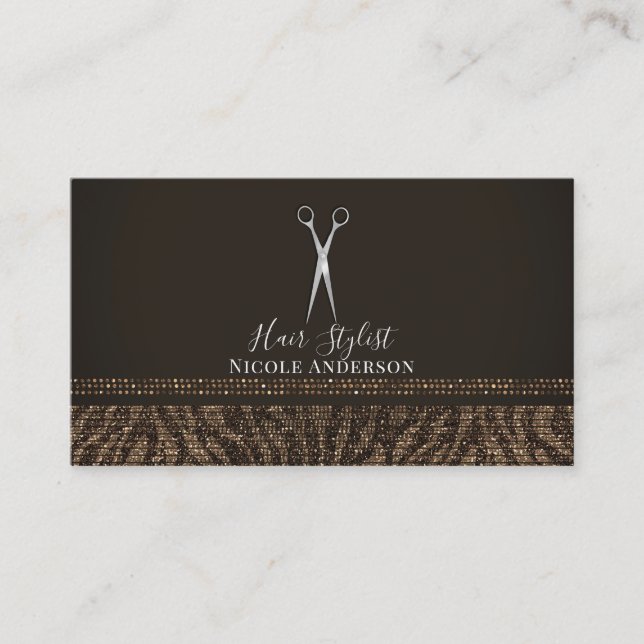 Silver-sax Guld Brown Zebra Chic Hair Stylist Visitkort (Framsida)