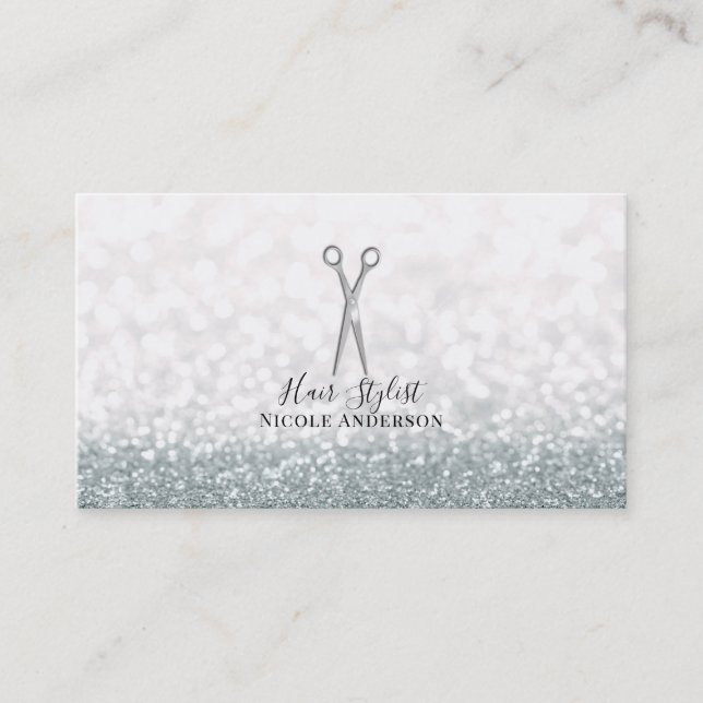 Silver-sax White Glitter Hair Stylist Visitkort (Framsida)