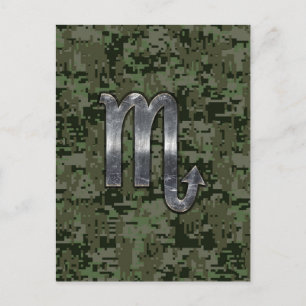 Silver Scorpio Zodiac Sign Woodland Digital Camo Vykort