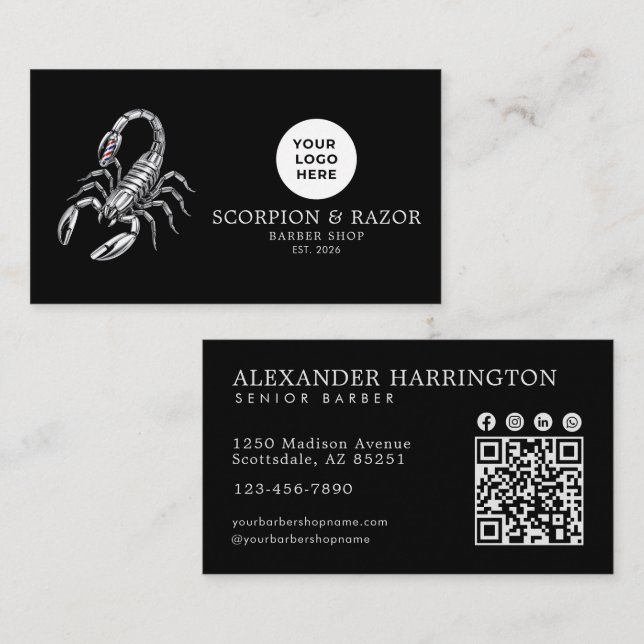 Silver Scorpion Professionell Herrbarberare Qr-kod Visitkort (Fram/baksida)