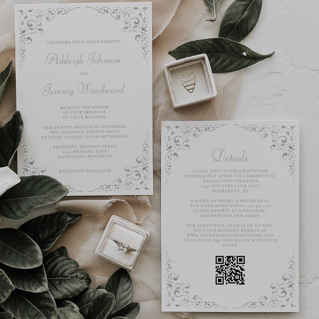 Silver Script Botanisk Ram QR-kod Bröllop Inbjudningar (Skapare uppladdad)